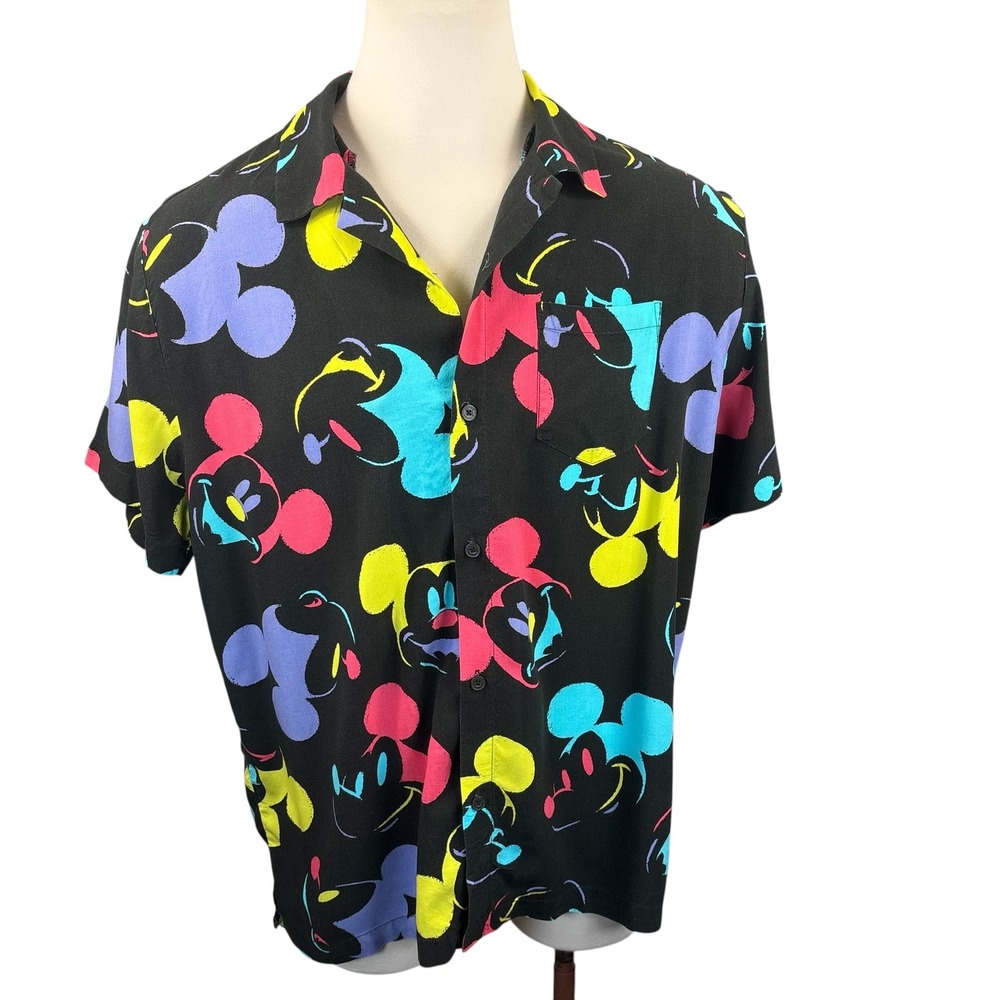 Disney Mickey and Friends Mens XXL Neon Pop Art‎ Rayon Button Front Camp Shirt
